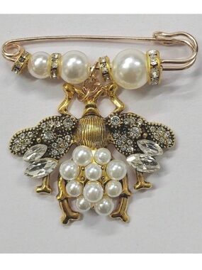 Gold Pearl Bee Brooch with Crystal Accents